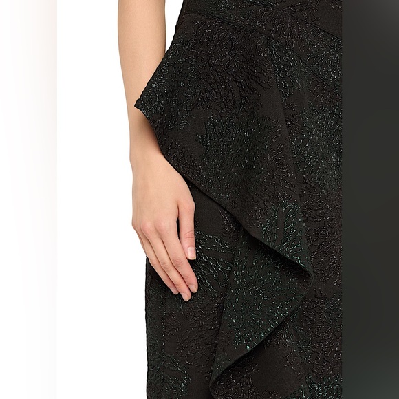 NWT Rickie Freeman Teri Jon black green pewter jacquard off shoulder formal gown - Picture 9 of 12